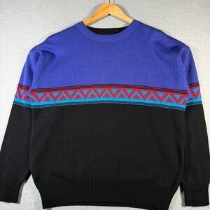 Vintage Inside Edge Men L Geometric‎ Pattern Sweater Blue Black Red Acrylic Wool